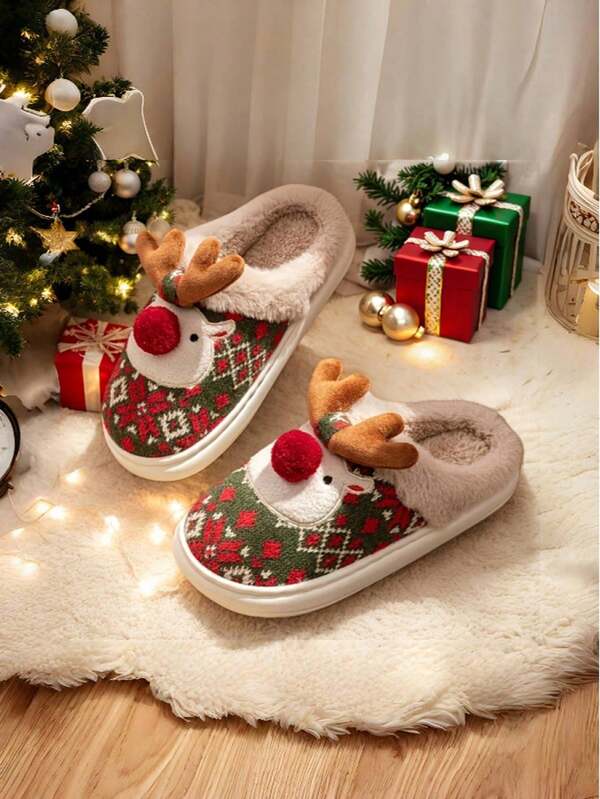 Women's Cute Gift Christmas Reindeer Warm Thick Bottom Slippers, Fluffy Indoor Outdoor Autumn/Winter House Slippers, Random Print