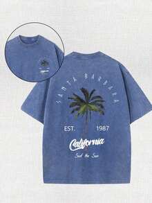 2026 Summer Tops Men's Retro California Style Cotton T-Shirt-"Est.1989" Coconut Tree Design, Short Sleeves, Round Neck, Casual Summer Clothes, Machine Washable, Summer Casual Clothes | TiedyeT T-Shirt Back Design, Retro T-Shirt.Loose And Comfortablesummer Clothes - 藏蓝色 - 查看 11