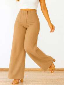 Pantalón de Tiro Alto con Pinzas y Pierna Ancha. Elegante y Casual. Amolda Figura. - Camel - Ver 4