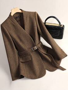 Camel Wool Blazer Jacket For Women, High-End Elegant Celebrity Style, Waist Cinched Slim Fit, 2025 New Arrival, Woolen Suit Top - Brown - View 6