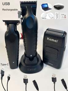 3Pieces Kemei 2296 , 2299 Hair Clippekit, Men's Electric Hair Trimmer Machine, Professional Hair Cutting Machine Clipper 3pieces KM-1102 Men's Razor Beard Shaving Machine USB Rechargeable Hot Selling For Daily Home Use Or Barber Shop Salon Use - 黑色 - 查看 4