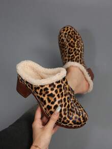 Leopard Print High Heel Pumps For Women, Autumn/Winter Comfortable Fluffy Slip-On Mule Slippers, Suitable For Autumn/Winter Everyday And Indoor Wear