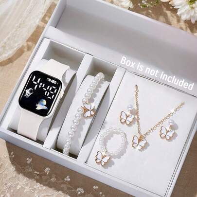 6/5 件可爱白色表带 LED 空间元素数字显示电子手表，搭配珍珠项链、手链、戒指、耳环和首饰套装，非常适合派对、打包和外出、为朋友和亲戚购买礼物，以及作为送给女孩的礼物