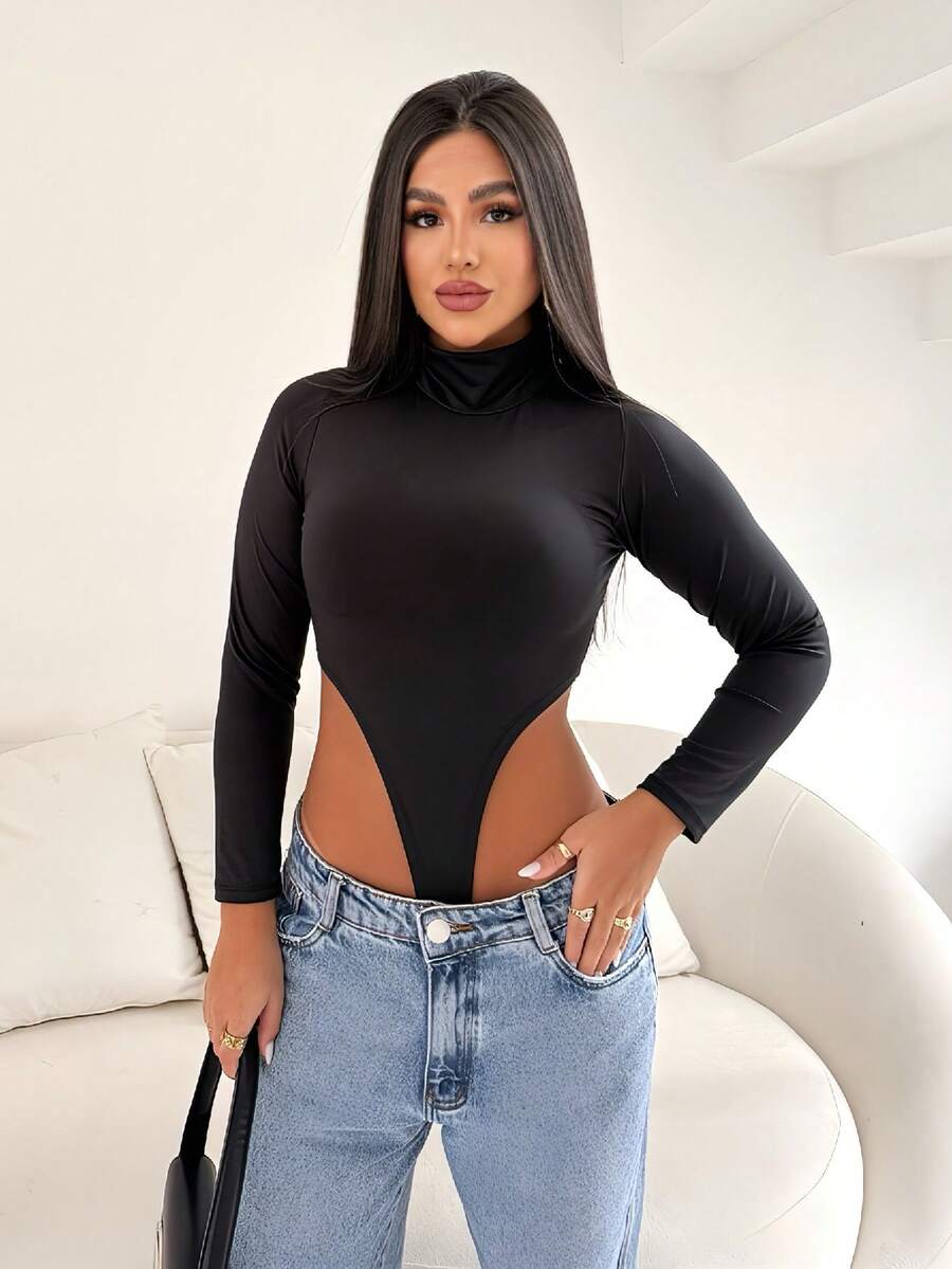 Body Pamela Cavado com Manga Longa e Gola Alta Simples elegante Casual Festa MODA GRINGA