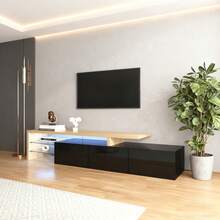 TV-Schrank in Hochglanz Schwarz mit LED-Beleuchtung | Modernes Lowboard mit Holzoptik & Glas-Einlegeböden | Großzügiger Stauraum | 197,5x39x42 cm