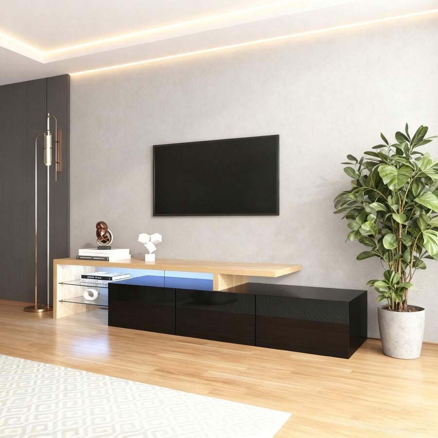 TV-Schrank in Hochglanz Schwarz mit LED-Beleuchtung | Modernes Lowboard mit Holzoptik & Glas-Einlegeböden | Großzügiger Stauraum | 197,5x39x42 cm