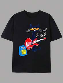 Pete Cat Rock 'n' Roll Graphic Print Casual T-Shirt For Men And Women, High Street Fashion, Short Sleeve, Crew Neck, Summer, Slight Stretch, Polyester, Regular Fit, Applique Detail - màu đen - Xem 7