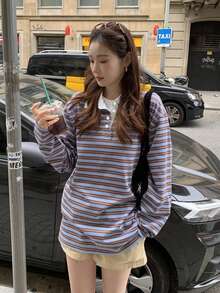 Korean Chic Collared Versatile Niche Striped Casual Long Sleeve T-Shirt T-Shirt Spring - Blue - View 4
