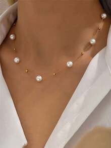 1 pieza Collar de acero inoxidable con perlas falsas, un collar de clavícula ligero, lujoso y elegante para mujeres, perfecto para uso diario o como regalo para amigos y familiares.