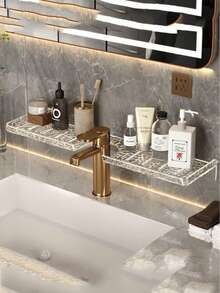 1pc Acrylic Wavy Bathroom Storage Rack, Wall-Mounted Vanity Organizer Rack, Sink Faucet Storage Rack, Bathroom Toiletry Storage Rack, Drill-Free, Suitable For Bathroom, Vanity Bathroom Accessories Bathroom Tools - Multicolor - View 5