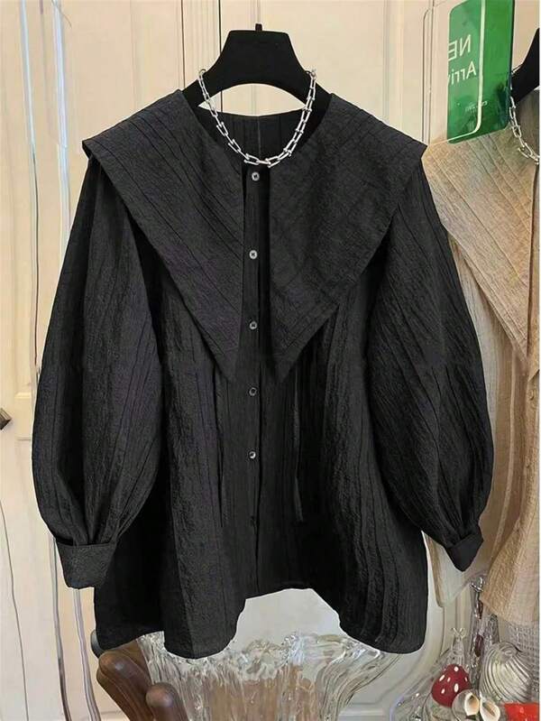 Bluză neagră plisată cu mânecă lungă, nasturi în față, cu șnur - Cămașă de damă la modă, din poliester, lavabilă, cu guler marinaresc, pentru toate anotimpurile