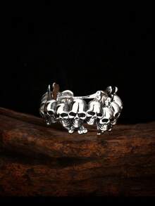 1pc 925 Sterling Silver Vintage Blackened Punk Style Skull Row Open Ring, Suitable For Men To Wear On Holidays