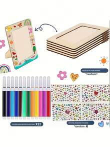 17 件儿童相框工艺套件、未完成的木制相框工艺套件、DIY 绘画套件包括未完成的木制相框、彩色笔、水晶钻石贴纸，用于框架装饰和定制艺术项目、垂直桌面展示框、未完成的绘画和装饰性木制相框、家居装饰、定制艺术项目、定制照片展示和艺术项目礼物、生日、毕业 - 彩色 - 查看 15