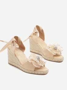 Espadrilles compensées à fleurs 3D pour femmes - Été/Plage, Casual - Beige - Voir 5