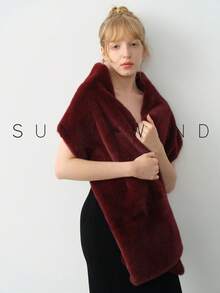 1件女士纯色时尚仿皮草披肩，适合秋冬季新娘晚宴及日常穿着。 - 酒紅色 - 查看 7