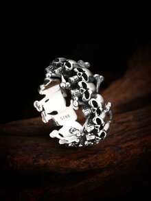 1pc 925 Sterling Silver Vintage Blackened Punk Style Skull Row Open Ring, Suitable For Men To Wear On Holidays