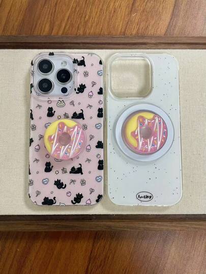 粉色可爱甜甜圈手机支架，提供粘性与磁吸两种安装方式，多功能桌面支架，粘性款适用于所有手机，磁吸款适用于带磁吸功能的手机壳。