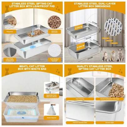 Stainless Steel Sifting Litter Box With Lid, Large Sifting Litter Box Pine Pellets Small Cats 6 Inch