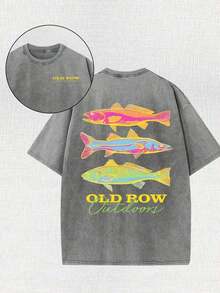 Men's Casual Summer Washed Cotton T-Shirt Old Row Outdoor Fish Print, Round Neck Short Sleeve Lightweight Knitted Fabric, Rib Details 100% Cotton - 灰色 - 查看 11