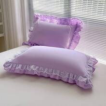 Chic Ruffle Lace Polyester Duvet Cover Set - Girl White Bedding - 2 Piece Twin Comforter Duvet Cover With Zipper Closure - Ultra Soft And Lightweight (White, Twin) - NO Comforter Included - 紫色 - 查看 3