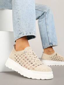Women's Breathable Knit Sneakers Platform Shoes Casual Summer Sport - Beige - View 1