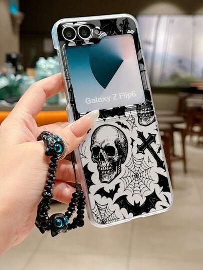 1pc Matte Skull Design Foldable PC Phone Case, Matching Bracelet, Protective And Anti-Drop, Compatible With Samsung Galaxy Zflip 3/Zflip 4/Zflip 5/Zflip 6/Zflip 7, OPPO Find N3 Flip, Razr 50 Ultra/Razr 60 Ultra/Razr 60/Razr 50, MIX Flip, Galaxy Z Flip7 FE