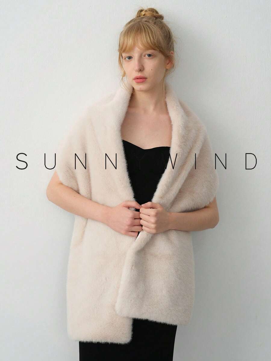 1pc Women's Solid Color Fashionable Fluffy Shawl, Suitable For Bridal Evenings And Everyday Wear In Autumn/Winter For Dress - Beige - View 1