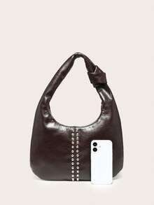 Túi đeo vai hình lưỡi liềm dành cho nữ, màu trơn, trang trí đinh tán, kiểu dáng cổ điển, dung tích lớn, đa chức năng, kiểu dáng công sở, túi đeo vai/đeo chéo, dùng ngoài trời. - Cà phê - Xem 2