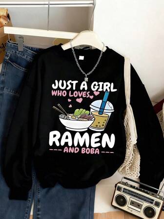 Teen Girl Fashionable Creative Cartoon Cute Milk Tea Cartoon Pattern Printed Warm Round-Neck Sweatshirt - Comfortable Long-Sleeved Casual Pullover, Machine Washable, Daily Essential, Loose Style, Suitable For Both Boy And Women, Street Style, Suitable For School, Vacation, Shopping, Sports And Other Occasions