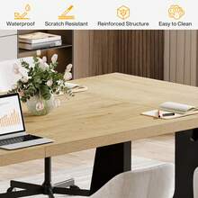 LITTLE TREE Conference Table For 6-8 People, 70.9 Inch Large Office Desk, Rustic Rectangular Meeting Table For Conference Room, Breakroom & Reception - Oak - View 5