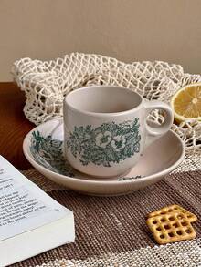 1 set (Taza + Platillo) Taza de café y platillo de cerámica retro, taza de espresso italiana, taza de postre y té de la tarde, taza de café, taza