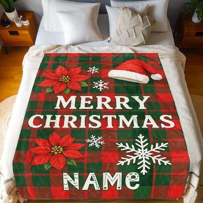 1pc Christmas Flannel Blanket, Multi-Color & Size Options, Plaid & Floral Patterns With Customizable Text, Suitable For Bedroom & Study, Great Holiday Gift For Loved Ones