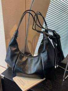 1pc Solid Color PU Shoulder Bag, Fashionable Large Capacity Crescent-Shaped Handbag Suitable For Adult Women, Stylish Outfit And Outdoor Shopping - Black - View 6