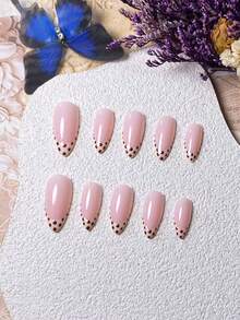 10片手工制作杏仁形裸色、米色、焦糖棕色波点极简时尚假指甲美甲用品手工按压式指甲 - 彩色 - 查看 4