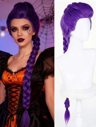 Anime Cosplay Wig Synthetic Heat-Resisting Halloween Wigs For Women,1pc Short Straight Mixed Purple Wig+1pc 46 Inch Super Long Claw Clip Braid Ponytail
