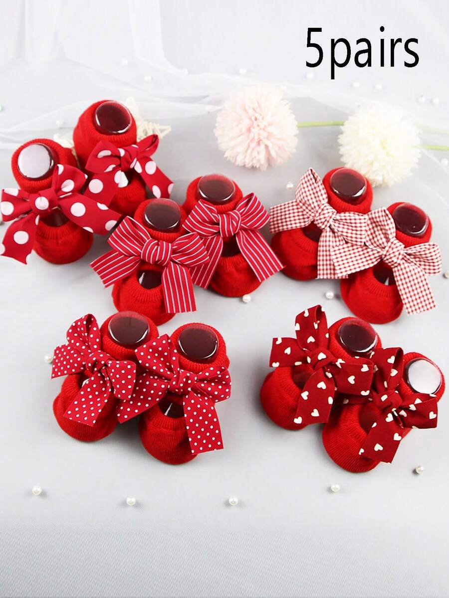 5 Pairs Baby Girls' Cute Bow Decor Red Short Socks, Hollow Instep With Gripping Dots, Suitable For Infants Daily Wear, Valentine's Day
