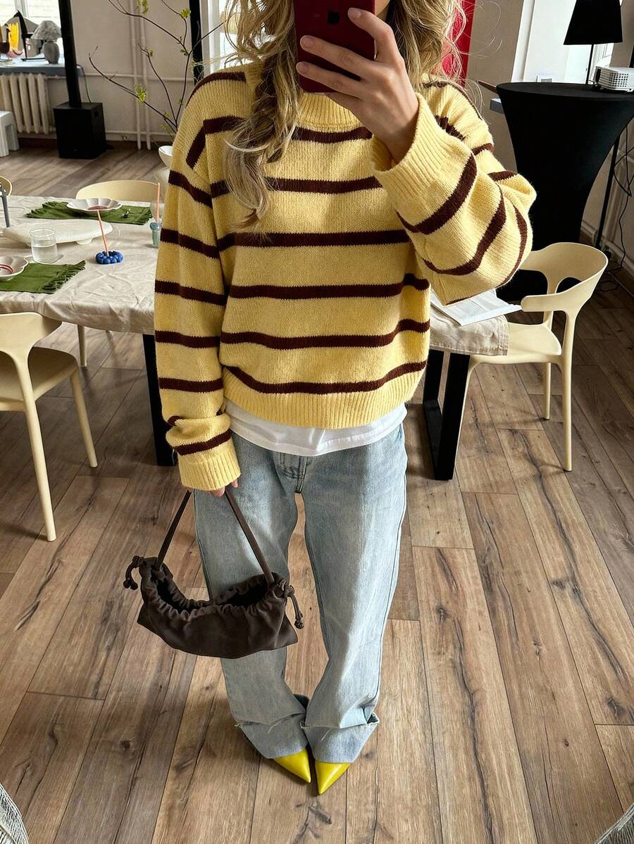 Jersey casual de manga larga, cuello redondo y hombros caídos, corte holgado para mujer HoloChill, nueva llegada 2026, apto para otoño/verano - Amarillo - Ver 1