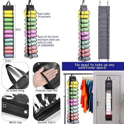 Legging Storage Bag Storage Hanger Foldable Leggings Organizer Can Holds 24 Leggings Or Shirts Jeans Compartment Storage Hanger Clothes Portable Closets Roll Holder Gray
