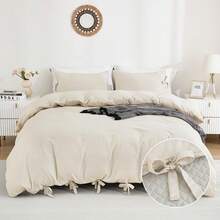 Pink Queen Size Duvet Cover Set (90x90 Inch), 3 Pieces (1 Duvet Cover, 2 Pillowcases), Soft Washed Microfiber With Bowknot Design, Easy Care Bedding For Men And Women - Ivory (No Comforter) - View 2