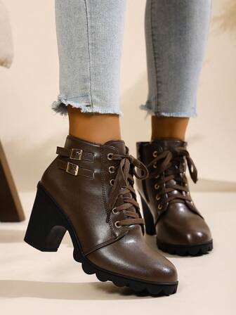 Women's Solid Color Stylish Lace-Up Pointed Toe Ankle Boots, Fashionable Versatile Short Boots For Autumn/Winter