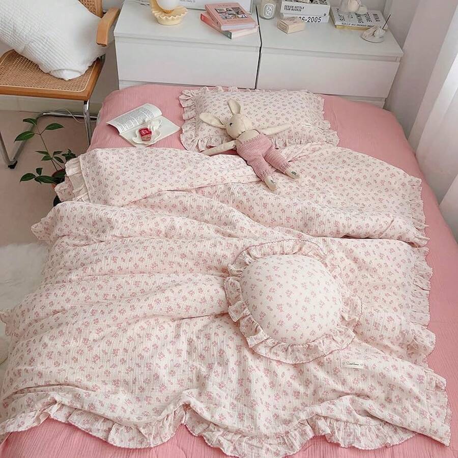 Muslin Duvet Cover With Ruffled Edges, 1 Piece Cotton Comforter Cover 47X59'', Pattern 2-Layer Gauze Bedding, No Quilt Or Pillowcases, Bedroom Essential - 小粉紅碎花 - 查看 1