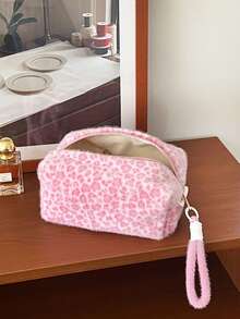 AGG Pink Leopard Print Plush Makeup Bag With Wrist Strap, Large Capacity Zippered Storage Pouch, Women's Portable Travel Toiletry Bag - Multicolor - View 7