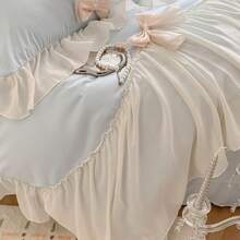 Aesthetic Girls Twin Comforter Cover Set, Romantic French Princess Style Ruffled Duvet Cover With Lovely Bow And Zipper Closure - Pink, Twin Size - 藍色 - 查看 6