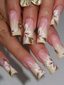 24 piezas Juego de uñas postizas en forma de ataúd, con un estilo liso y un degradado de amarillo brillante a flores con hojas verdes, kit de manicura de cobertura acrílica completa, perfecto para suministros de arte DIY. Incluye un trozo de pegamento de gelatina y una lima de uñas, adecuado para uso diario, fiestas, baile y como regalo.