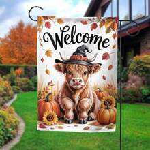 Welcome Fall Highland Cow Garden Flag 12x18 Double Sided Small Polyester Autumn Pumpkins Flowers Cows Yard Flag For Outside Outdoor Decoration# DOUYYY