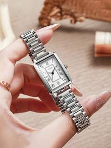 1pc Elegant Versatile Silver Rectangular Quartz Wrist Watch - Ladies Analog Display, Suitable For Daily Wear, Birthday, Women's Gift, Anniversary, Cyber Monday, Halloween Promotion And Other Holidays, No Gift Box - Gold - View 2