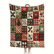 1pc Traditional Christmas Patchwork Print Flannel Blanket - Classic Red & Green Pattern Soft & Cozy Throw Blanket, All Season Use, Tear-Resistant, Machine Washable, Digital Printing, Suitable For Living Room Sofa, Bedroom, Holiday Home Decor, Lightweight & Portable For Travel - Multicolor - View 9