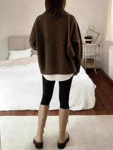 Women's Solid Color Ribbed Knit Pullover Sweater, Fashionable And Elegant, Loose Fit, Autumn/Winter - Coffee Beans - View 3
