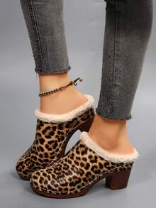 Leopard Print High Heel Pumps For Women, Autumn/Winter Comfortable Fluffy Slip-On Mule Slippers, Suitable For Autumn/Winter Everyday And Indoor Wear