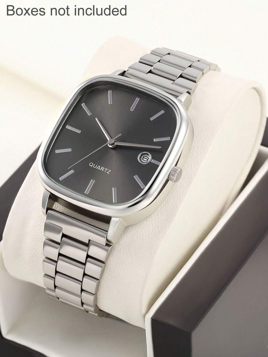 Reloj de cuarzo con función de calendario, estilo retro, casual y elegante, con correa ajustable, esfera cuadrada sencilla, adecuado tanto para hombres como para mujeres. Apropiado para uso diario, ocasiones de negocios, festivales, regalos, cumpleaños y San Valentín. No incluye empaque. - Plateado - Ver 1